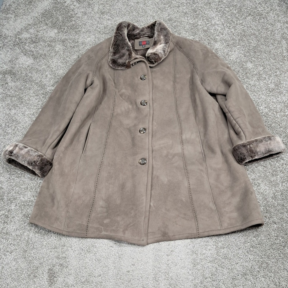 Gallery Woman Taupe Faux Suede Shearling Fur Trim Coat Plus Size 2X 2XL